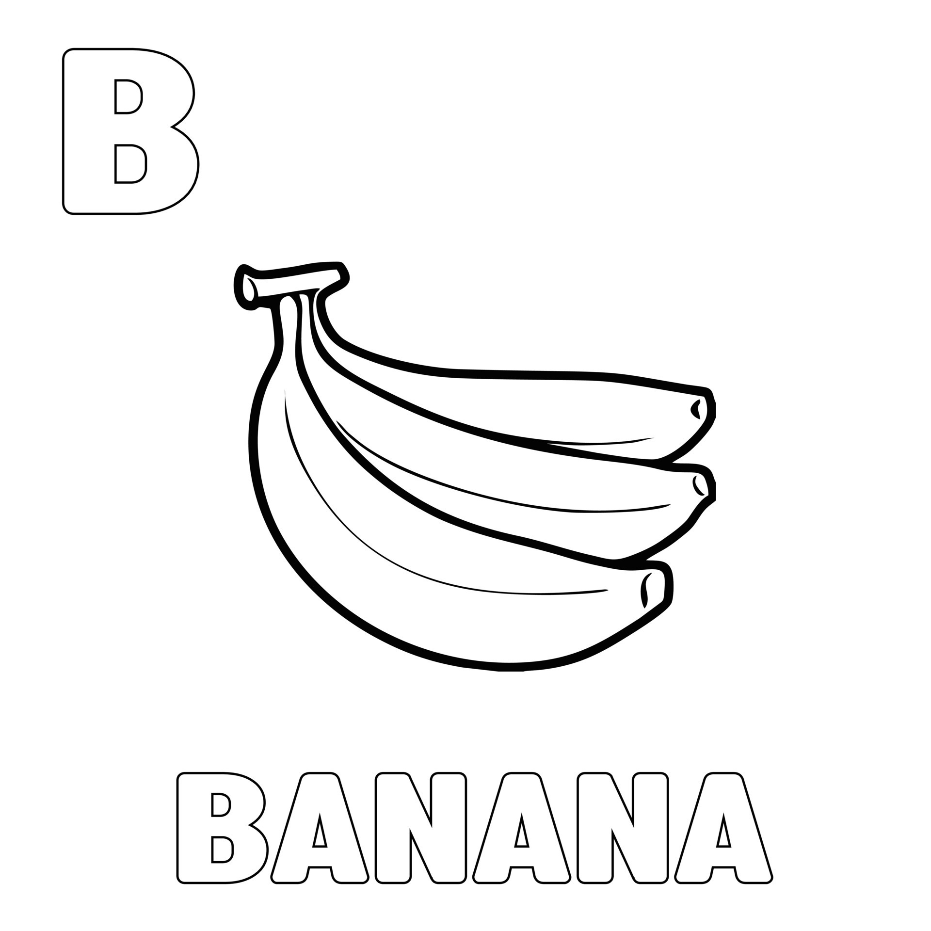 página para colorir fruta de banana. colorir e aprender a reconhecer a  letra b no formato vetorial eps10. editável 10597507 Vetor no Vecteezy
